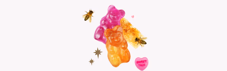 Horoscopes for Venus in Gemini — Collage of two gummy bears, a pair of bees with a honeycomb, a candy heart, and gold stars.