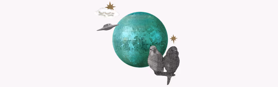 Horoscopes for Uranus in Gemini — Collage of planet Uranus as a disco ball with clip art of birds, stars, a cloud, and a UFO.