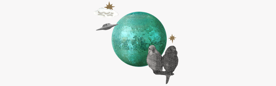 Horoscopes for Uranus in Gemini — Collage of planet Uranus as a disco ball with clip art of birds, stars, a cloud, and a UFO.