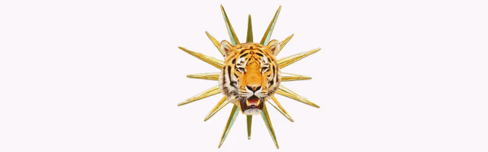 Horoscopes for the Sun in Leo — Collage of a tiger head in the center of a gold star for the Sun in Leo.