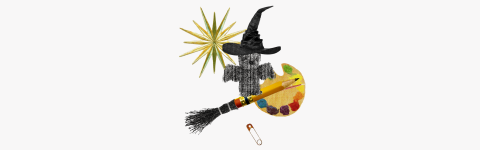 Horoscopes for the Sun in Virgo — Collage of a bird in a witch costume on a broom with a paint palette, pencil, and star.