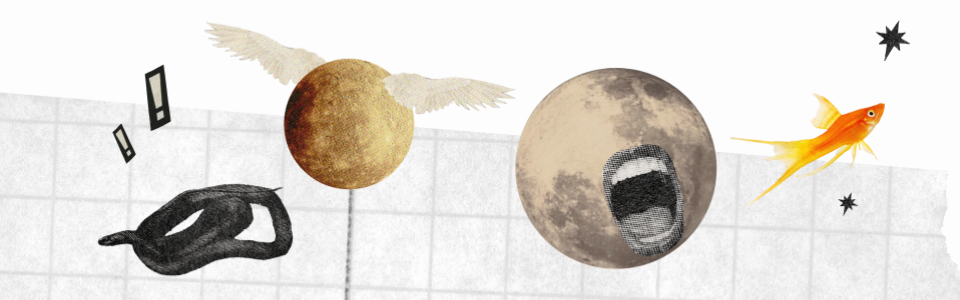 Planets in Fall Blog — Collage of Mercury and the Moon with a yelling mouth, exclamation points, a snake, a fish, and stars.