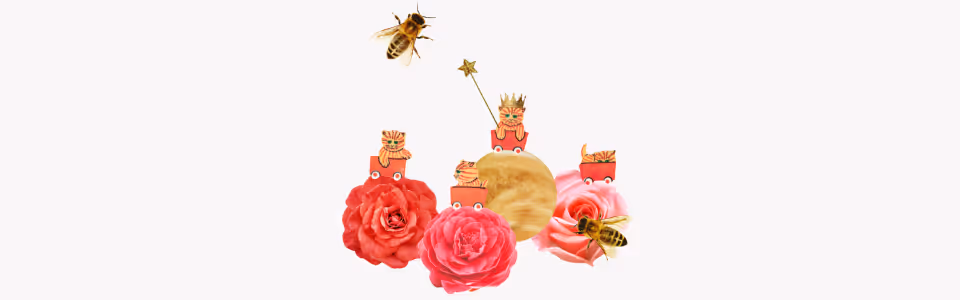 Horoscopes for Venus in Leo — Collage of Venus among roses with clip art of kittens in box cars, one with a crown and wand.