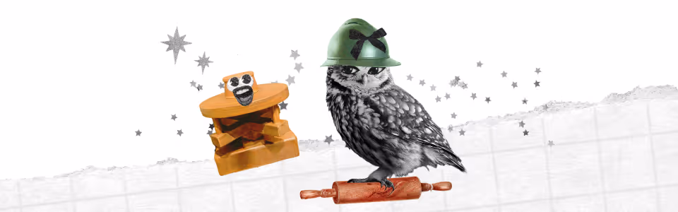 How to work with Pallas Athena - Collage: an owl wearing an army helmet and bow on a rolling pin, stars, and a wood figure.