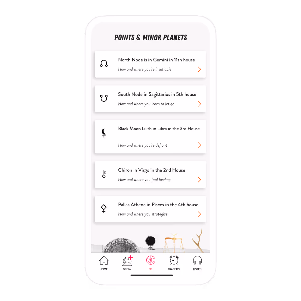 Pallas Athena in the Me tab of the CHANI app on a mobile phone under Points and Minor Planets.