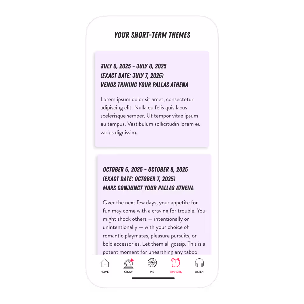 Pallas Athena in the Transits tab of the CHANI app on a mobile phone displaying short-term themes.