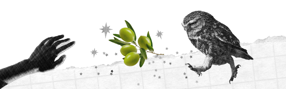 All about Pallas Athena Blog — Collage of an owl and a hand both reaching towards an olive sprig with stars and graph paper.