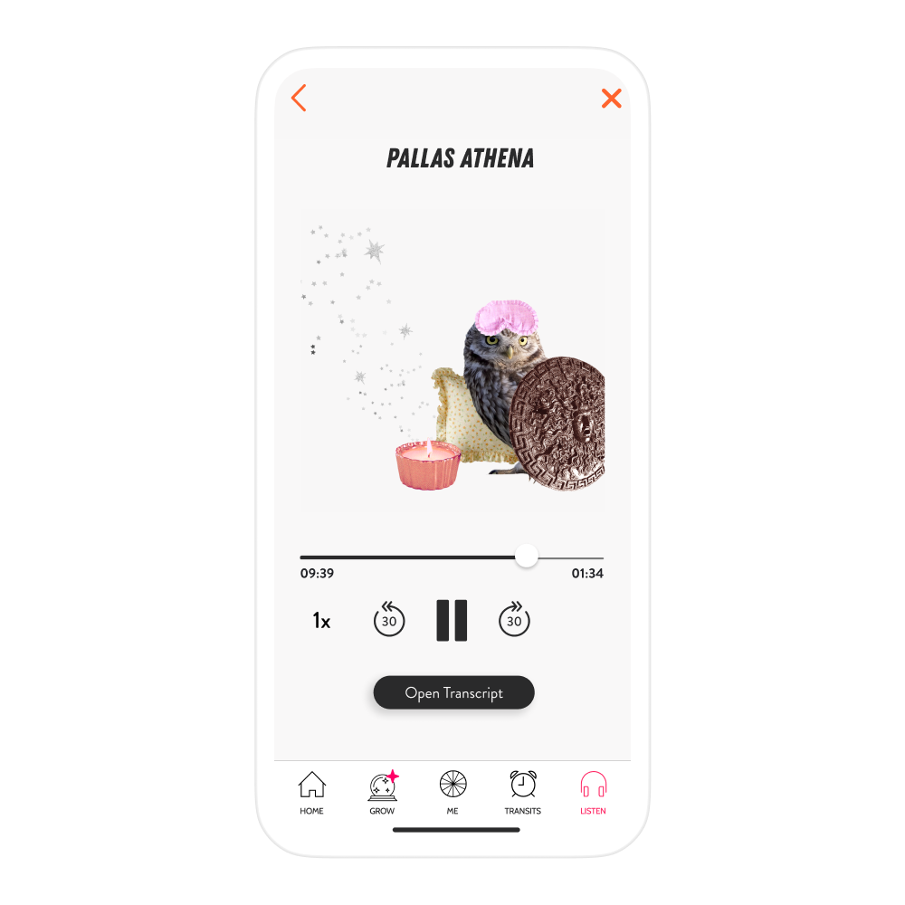 Pallas Athena sleep story in the Listen tab of the CHANI app on a mobile phone displaying the cover art and audio player.