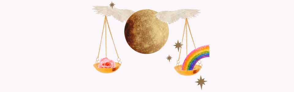 Horoscopes for Mercury in Libra — Collage of winged Mercury as a set of gold scales with a rose and a rainbow on either side.