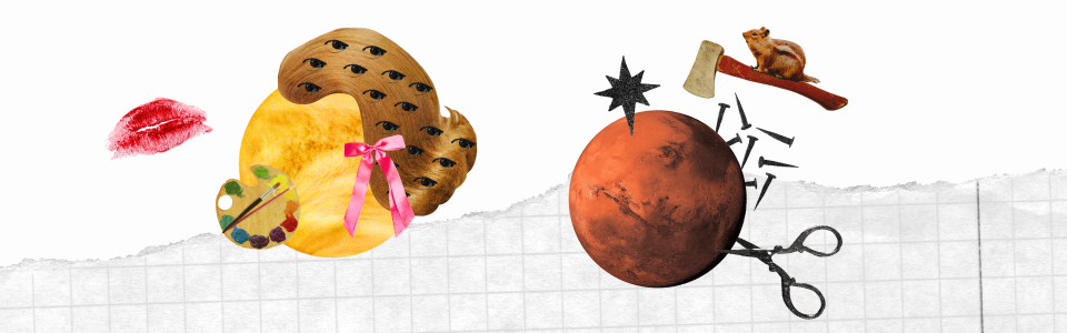 Planets in Domicile Blog — Collage of Venus with a paint palette and kiss print, and Mars with scissors, an axe, and nails.