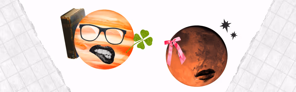 Planets in Detriment Blog — Collage: Jupiter with a mouth biting its lip and a book, Mars with a pink bow and pouting mouth.
