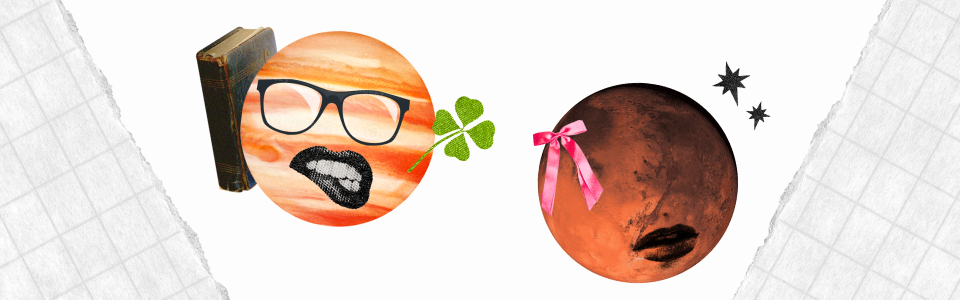 Planets in Detriment Blog — Collage: Jupiter with a mouth biting its lip and a book, Mars with a pink bow and pouting mouth.