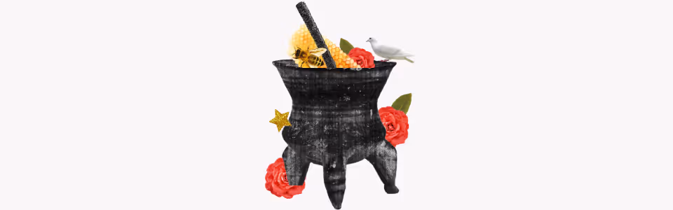 Horoscopes for Venus in Virgo - Collage of a cauldron with a honeycomb, a white dove, a honeybee, a star and red flowers.