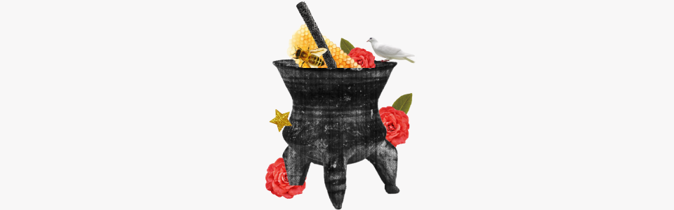 Horoscopes for Venus in Virgo - Collage of a cauldron with a honeycomb, a white dove, a honeybee, a star and red flowers.