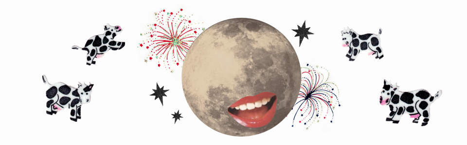 Planets in Exaltation — Collage of the Moon with clip art of a smiling mouth surrounded by cows, starbursts, and fireworks.