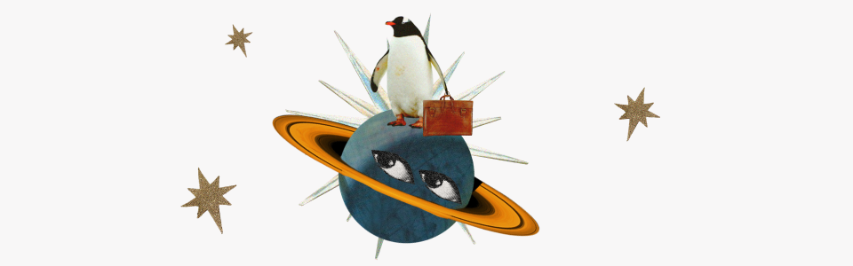 Second Saturn Return Blog — Collage of Saturn with its eyes towards a penguin holding a briefcase, surrounded by gold stars.