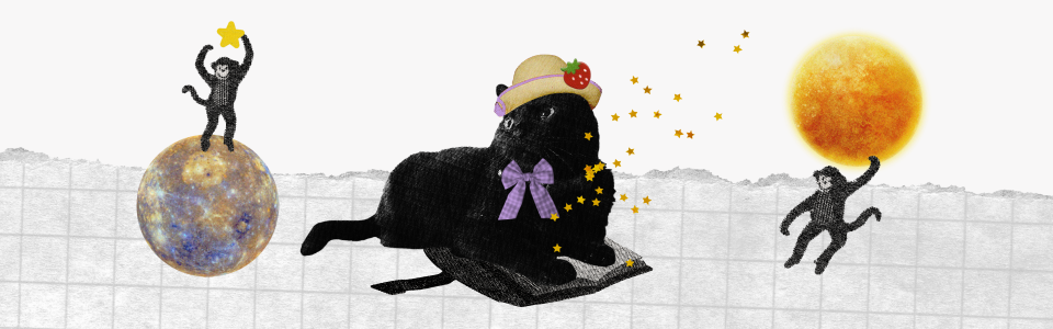 How To Make Mercury Cazimi Magic — Collage of a cat in a hat on a book with monkeys, the Sun, and the planet Mercury.