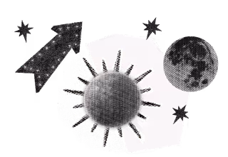 Black and white collage of the Sun, Moon, and a neon light of an arrow.