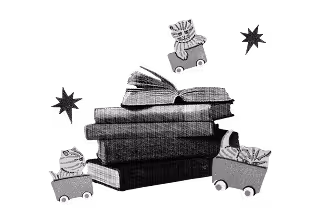 Collage of a stack of books with three cats in carts and stars.