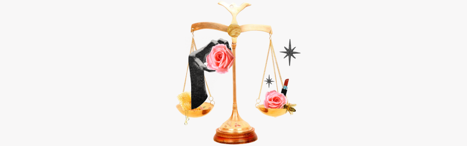 Horoscopes for Venus in Libra — Collage: a scale with the planet Venus, a honeycomb, lipstick, a bee, and a hand with roses.