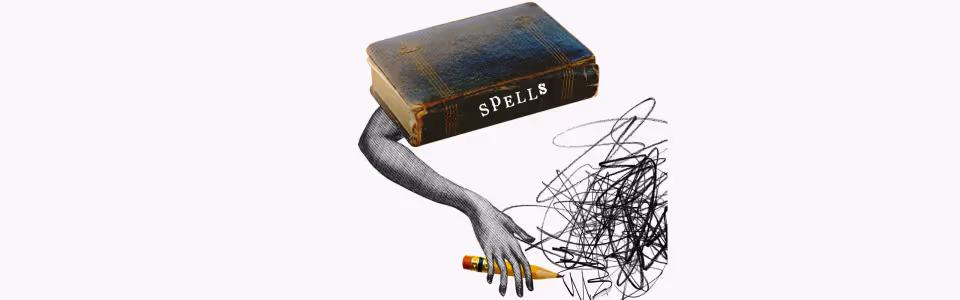 Horoscopes for Mercury in Scorpio — Collage of a hand reaching out from a spellbook to draw scribbles with a pencil.