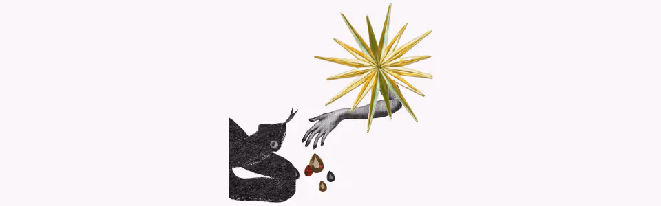 Horoscopes for the Sun in Scorpio — Collage of a gold sun with a hand sprinkling teardrop gems towards a coiled black snake.