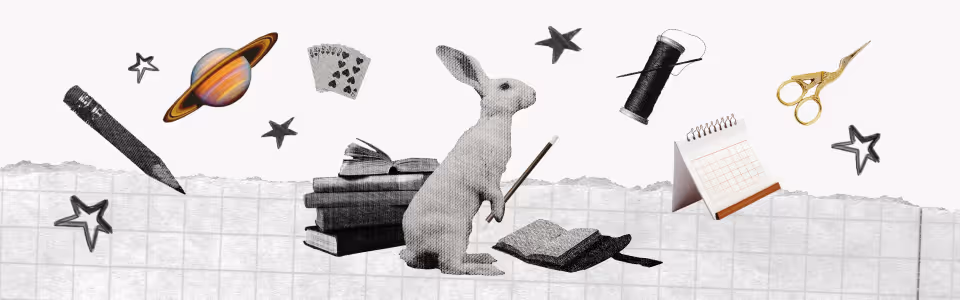 How astrologers find key dates blog — Collage of a rabbit with a wand, planet, calendar, pencil, books, cards, and stars.