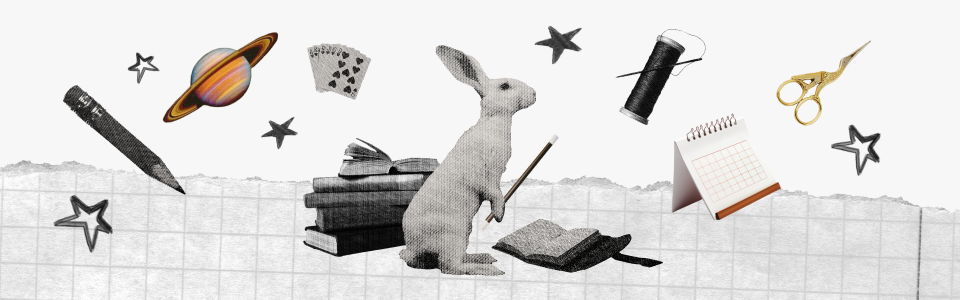 How astrologers find key dates blog — Collage of a rabbit with a wand, planet, calendar, pencil, books, cards, and stars.