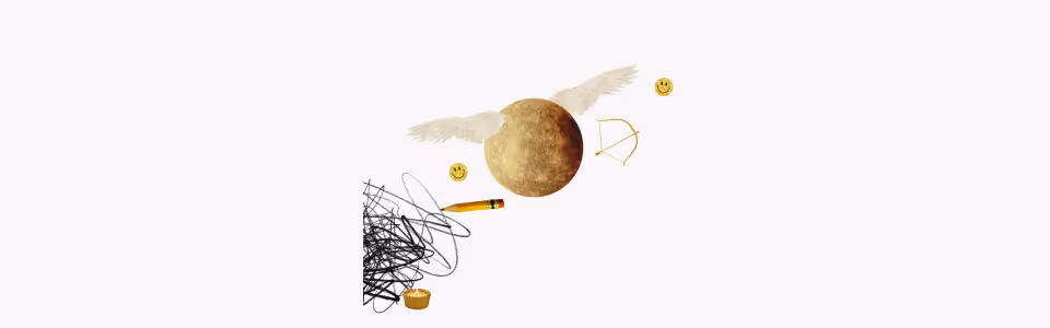 Horoscopes for Mercury in Sagittarius - Collage of a winged planet Mercury with a bow, arrow, a pencil, and scribbles.
