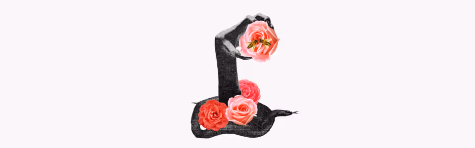 Horoscopes for Venus in Scorpio — Collage of a hand holding a rose with two bees emerging from a black serpent with roses.