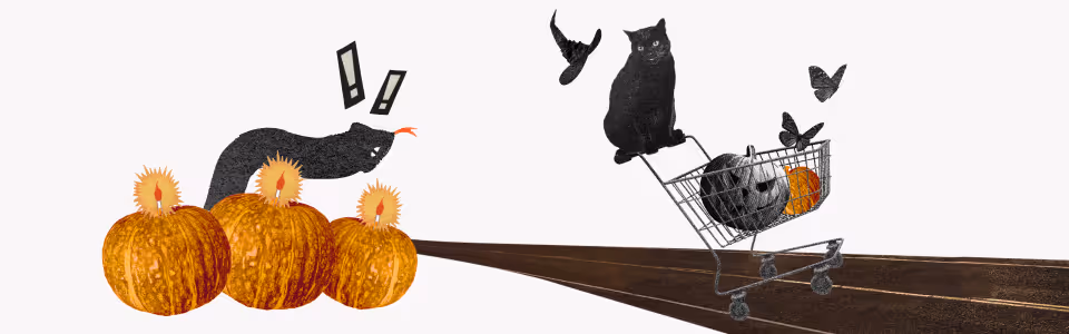 How to make Samhain magic — Collage of a cat in a witch hat with a shopping cart with pumpkins, butterflies, and a snake.