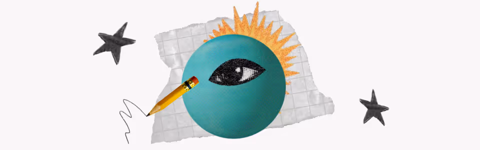 Your guide to Uranus Rx in Gemini and Taurus — Collage of Uranus with an eye, a pencil, graph paper, a sunburst, and stars.