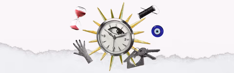 Your New Year’s guide to manifesting blog — Collage: a clock with an eye and sun rays, hourglass, keys, and spool of thread.