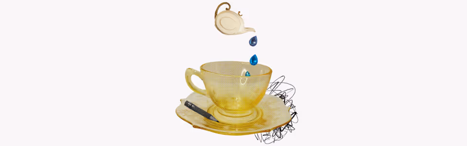 Horoscopes for Mercury in Aquarius — Collage: a teapot pouring teardrop gems into a teacup and saucer with pencil scribbles.