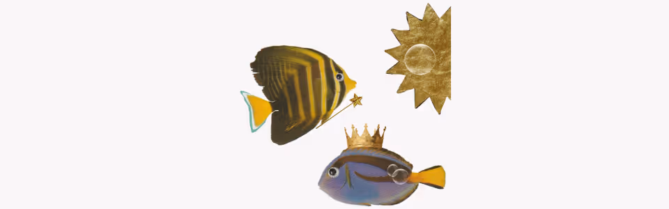 Horoscopes for the Sun in Pisces — Collage of a gold sun with a bubble and two tropical fish with a crown and a magic wand.