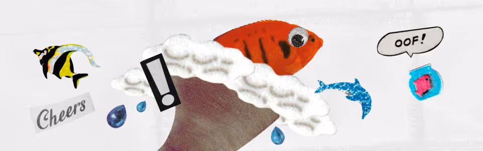 Guide to Mercury Retrograde in Pisces — Collage of a tornado and a fish with an "Oof!" speech bubble, gems and stickers.