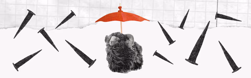 Guide to the Saturn-Neptune Conjunction in Aries, 2026 — Collage of a ram plushie with a red umbrella under raining nails.