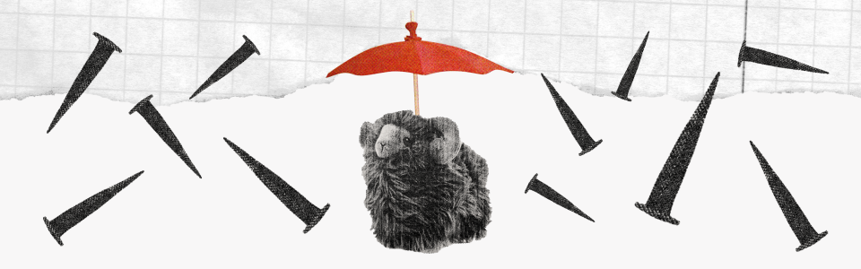 Guide to the Saturn-Neptune Conjunction in Aries, 2026 — Collage of a ram plushie with a red umbrella under raining nails.