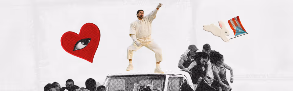 Bad Bunny and the Super Bowl Blog — Bad Bunny during his Super Bowl Performance, a rabbit, a Puerto Rican flag, and a heart.