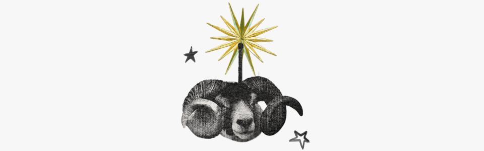 Horoscopes for the Sun in Aries 2026 — Collage of a bighorn ram with a match, a gold sunburst, and black hand-drawn stars.