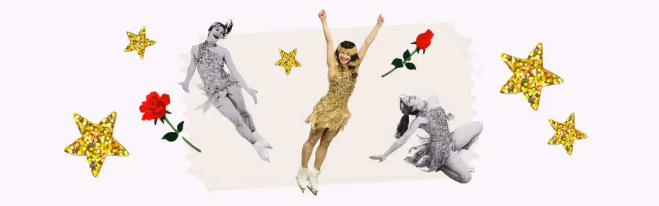 2026 Olympics of Joy blog — Collage of Alysa Liu in a gold skating leotard in different poses, with gold stars and red roses.