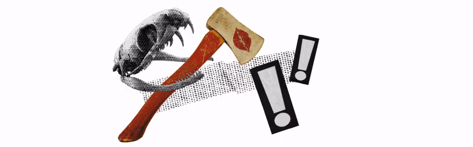 Mars conjunct the North Node — Collage of a snake skull with a hatchet with a kiss print in its jaw, and exclamation points.