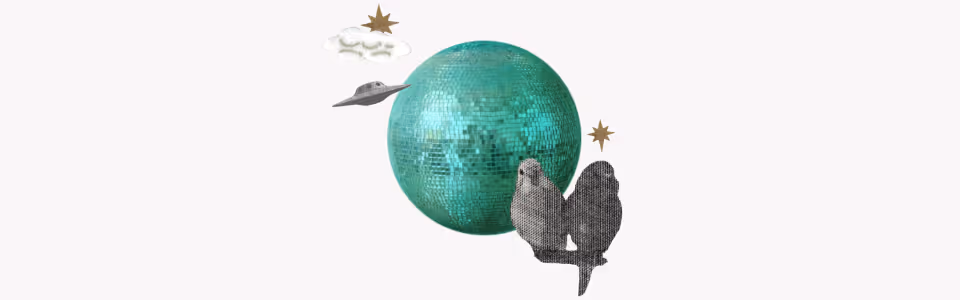 Horoscopes for Uranus in Gemini — Collage of planet Uranus as a disco ball with art of parakeets, a UFO, a cloud, and stars.
