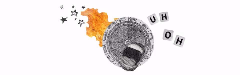 Guide to Challenging Astrology blog — Collage of a birth chart on fire with a yelling mouth and stars, and letters "UH OH."