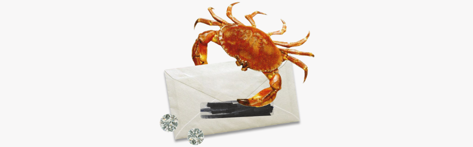 Horoscopes for Mercury in Cancer — Collage of a red crab holding a sealed envelope with scribble marks, and two diamonds.