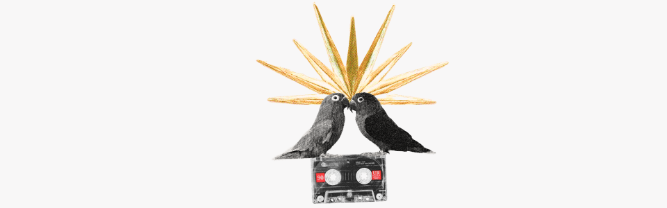 Horoscopes for the Sun in Gemini — Collage of two lovebirds touching beaks, a gold sunburst, and a cassette tape.