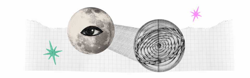 Traditional and Modern Astrology blog — Collage of a ptolemaic astrology wheel, the moon with an eye, and colorful stars.