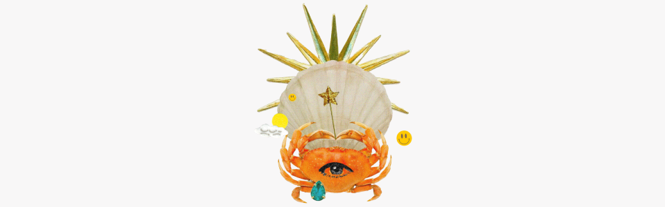 Horoscopes for the Sun in Cancer — Collage of a crab with an eye, gem teardrop, and magic wand, and a shell with golden rays.