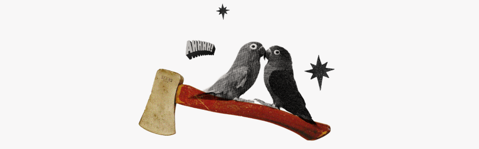 Horoscopes for Mars in Gemini — Collage of two kissing parakeets on an axe with black stars and text reading "Ahhh!"