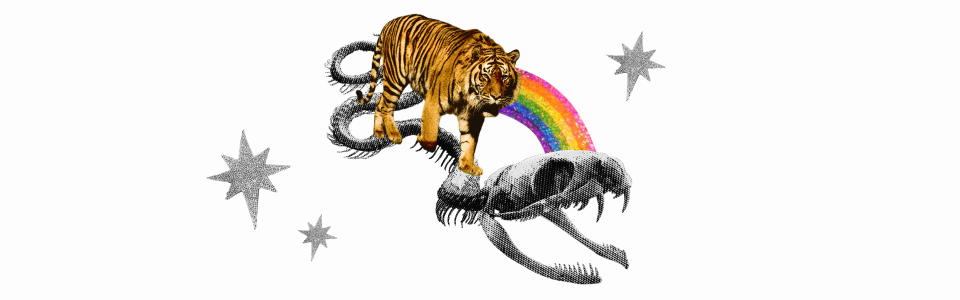 Guide to the lunar nodes in Aquarius and Leo blog — Collage of a tiger and a dragon skeleton with a rainbow and silver stars.